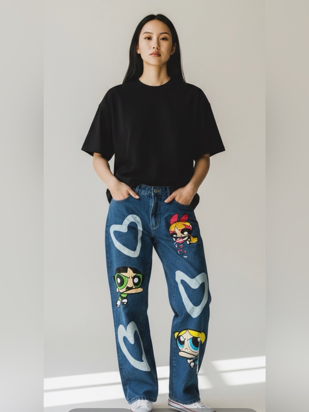 The Powerpuff Girls ROMWE Heart & Cartoon Graphic Straight Leg Jeans - Picture 2 of 5